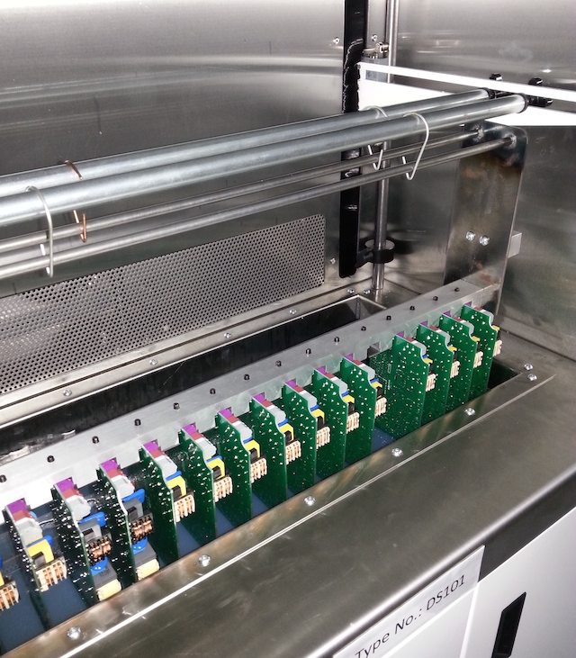 A simple process is a board dipped by hand into a container of conformal coating. This can give some reasonable results. However, normally dip coating equipment is used. This is especially true if medium and high volume processing is required. 