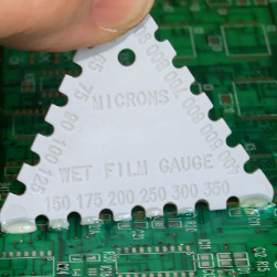 Wet film thickness gauge measuring conformal coating during application for process control