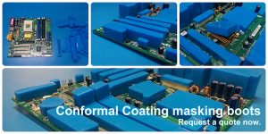 Various examples of a printed circuit board masked with conformal coating masking boots.