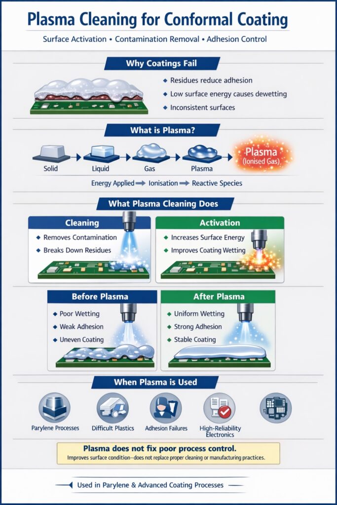 Plasma cleaning infographic showing contamination removal, increased surface energy and improved wetting for conformal coating adhesion on PCB assemblies