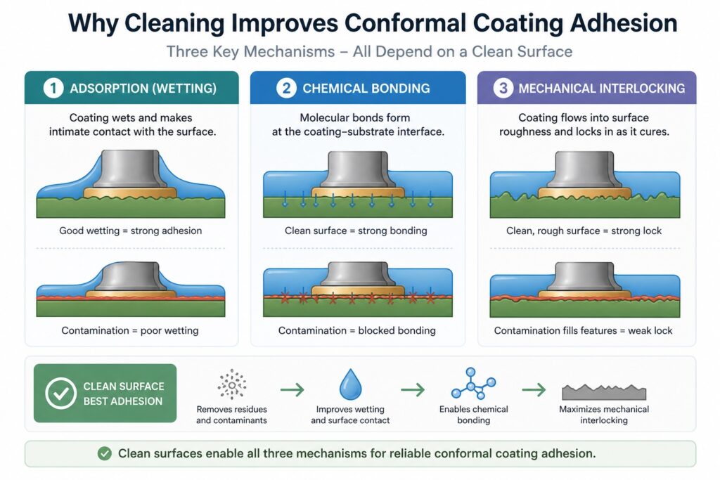 How cleaning improves conformal coating adhesion through wetting, chemical bonding and mechanical interlocking
