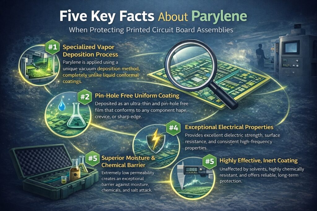 Infographic showing five key facts about Parylene conformal coating for protecting printed circuit board assemblies, including vapour deposition, uniform coverage, moisture barrier, chemical resistance and electrical performance