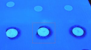 Some masking dots cause de-wetting in the conformal coating process