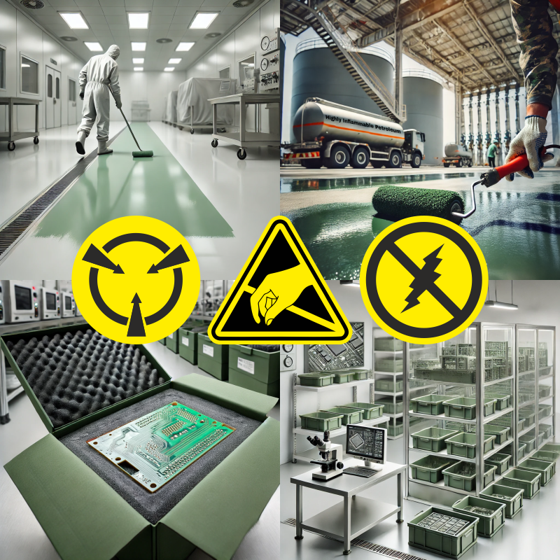 ProShield ESD coating applied across multiple surfaces – floors, plastics, wood, metals, and packaging for permanent static control
