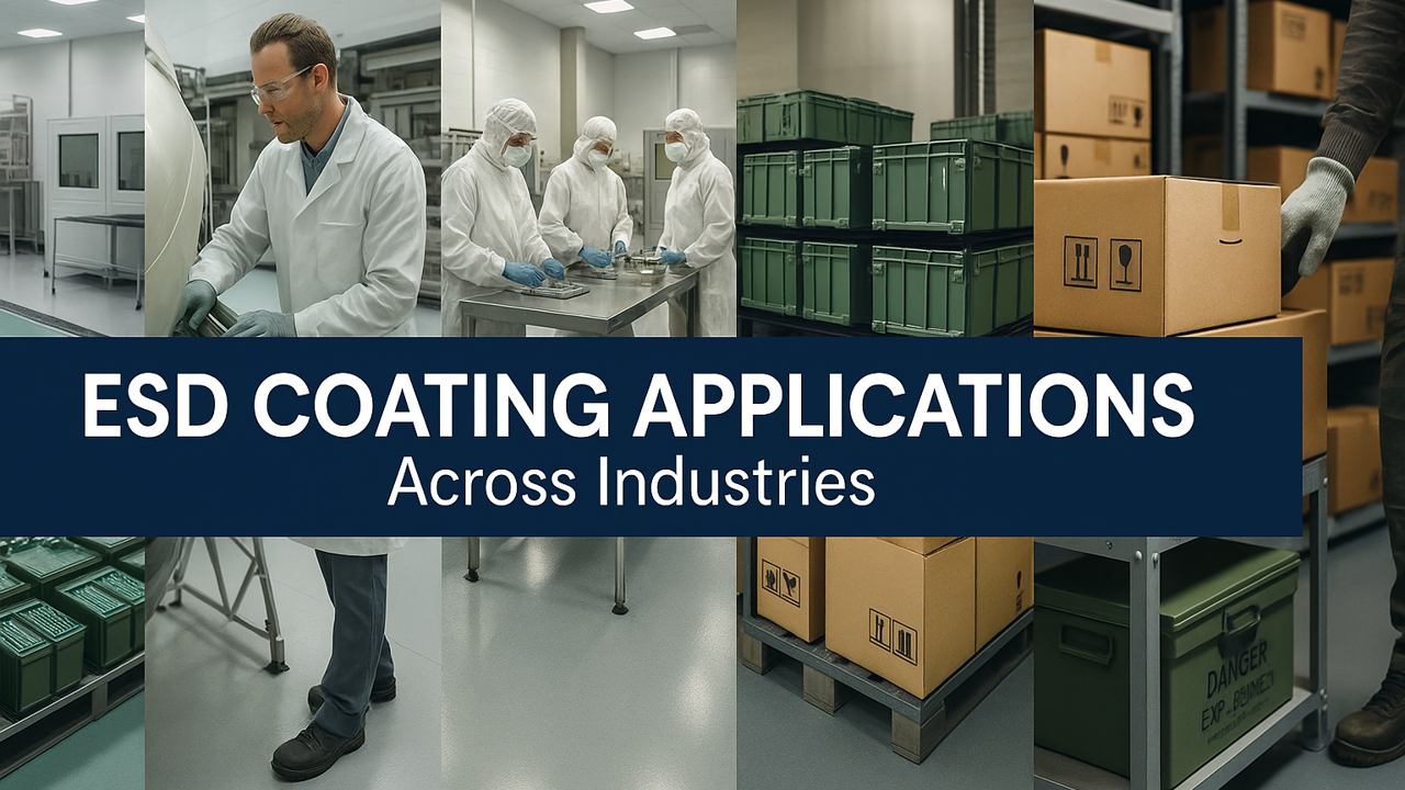 ProShield ESD coating applications across electronics, aerospace, pharma, automotive, packaging, and explosives industries in six-panel illustration.
