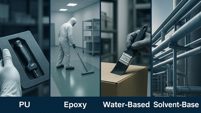 ProShield ESD coating chemistries shown in four panels: polyurethane (PU) for flexible plastics, epoxy for floors/metals, water-based for packaging, and solvent-based for harsh environments.
