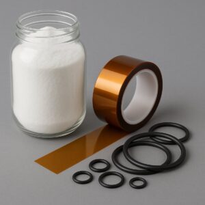 Jar of Parylene dimer, Kapton masking tape, and vacuum seals for Parylene coating consumables supplied by SCH Services Ltd