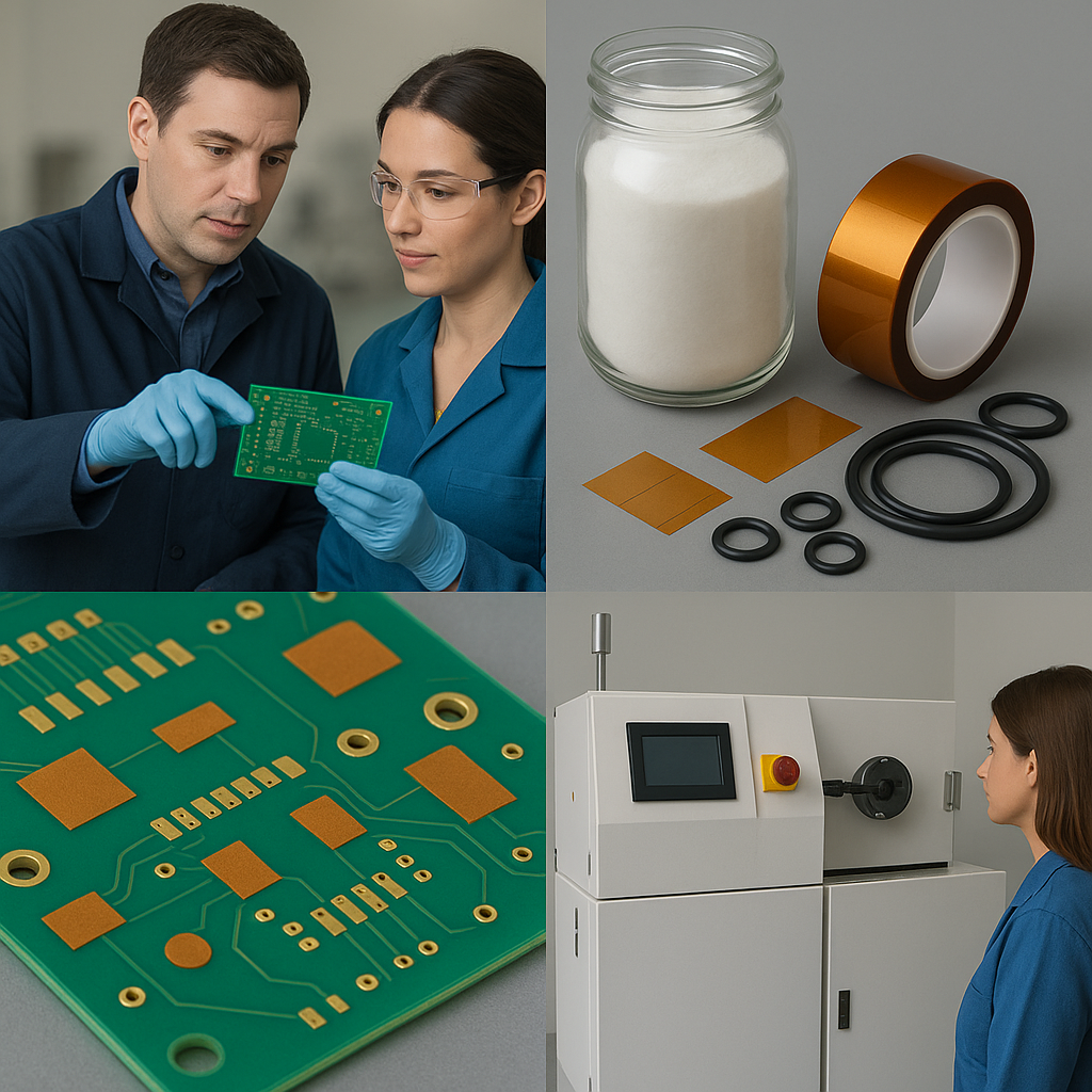 Parylene training showing PCB inspection, masking materials, Parylene C dimer and coating equipment