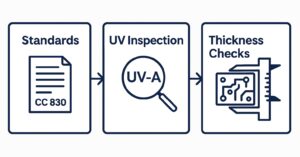 Infographic of conformal coating inspection steps including standards, UV inspection for coverage, and thickness verification with coupons and SPC.