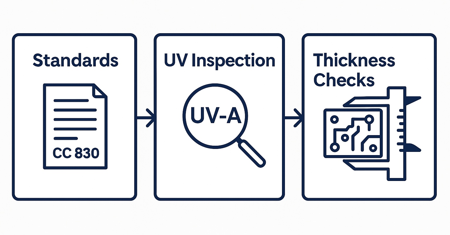Infographic of conformal coating inspection steps including standards, UV inspection for coverage, and thickness verification with coupons and SPC.