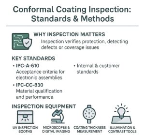 Infographic explaining conformal coating inspection standards, acceptance criteria, and inspection equipment for PCB reliability