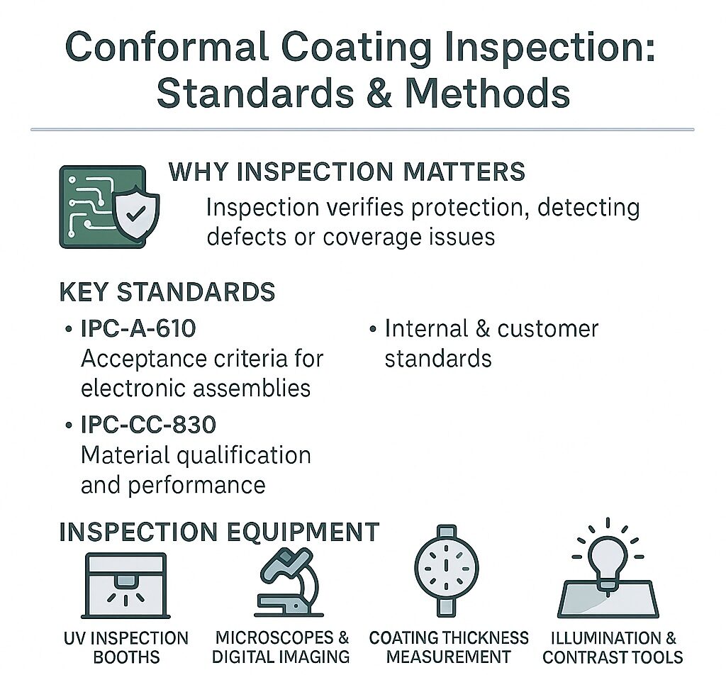 Infographic explaining conformal coating inspection standards, acceptance criteria, and inspection equipment for PCB reliability