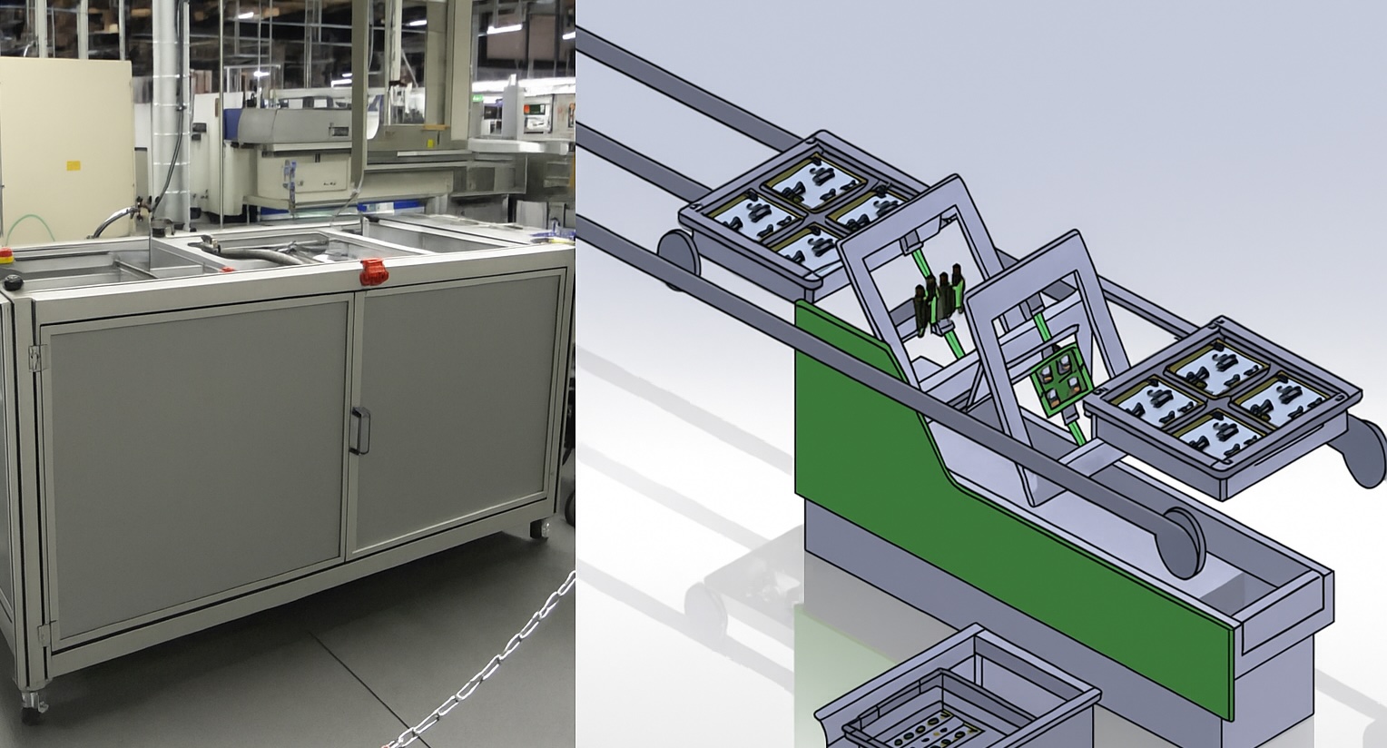 Horizontal inline conformal coating dip system showing real machine and CAD concept for high-volume PCB coating.