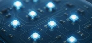 Macro close-up of glowing blue LED array on PCB with transparent Parylene protective coating