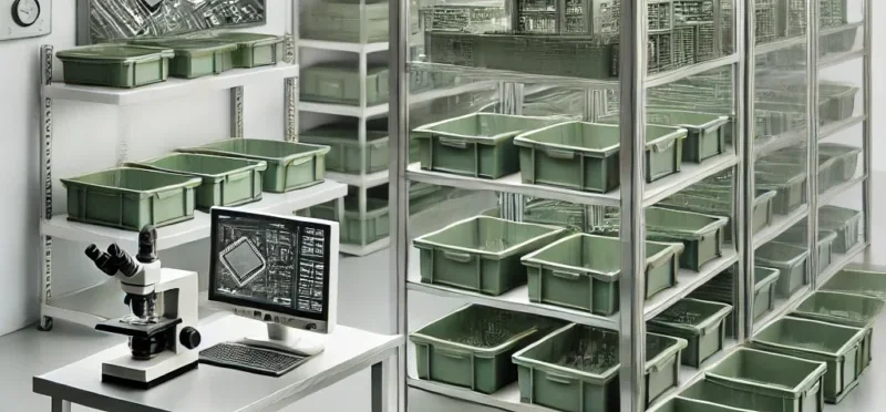 ProShieldESD dissipative foam trays and ESD-safe green plastic containers on metal shelving for electronics packaging and static protection