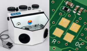 Parylene removal and repair services – Vaniman Problast micro-abrasion system with PCB pads selectively exposed for rework – SCH Services UK