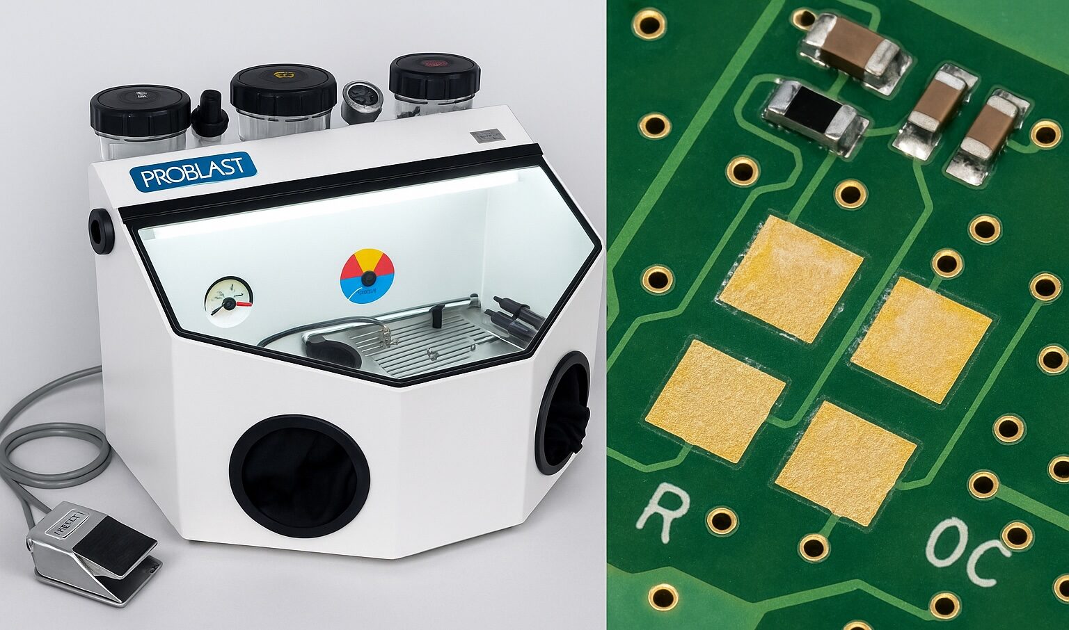Parylene removal and repair using Vaniman Problast micro-abrasion system Parylene removal and repair services – Vaniman Problast micro-abrasion system with PCB pads selectively exposed for rework – SCH Services UK