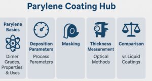 Infographic of Parylene Coating Hub with five topics: basics, deposition, masking, thickness measurement, and Parylene vs liquid coatings.