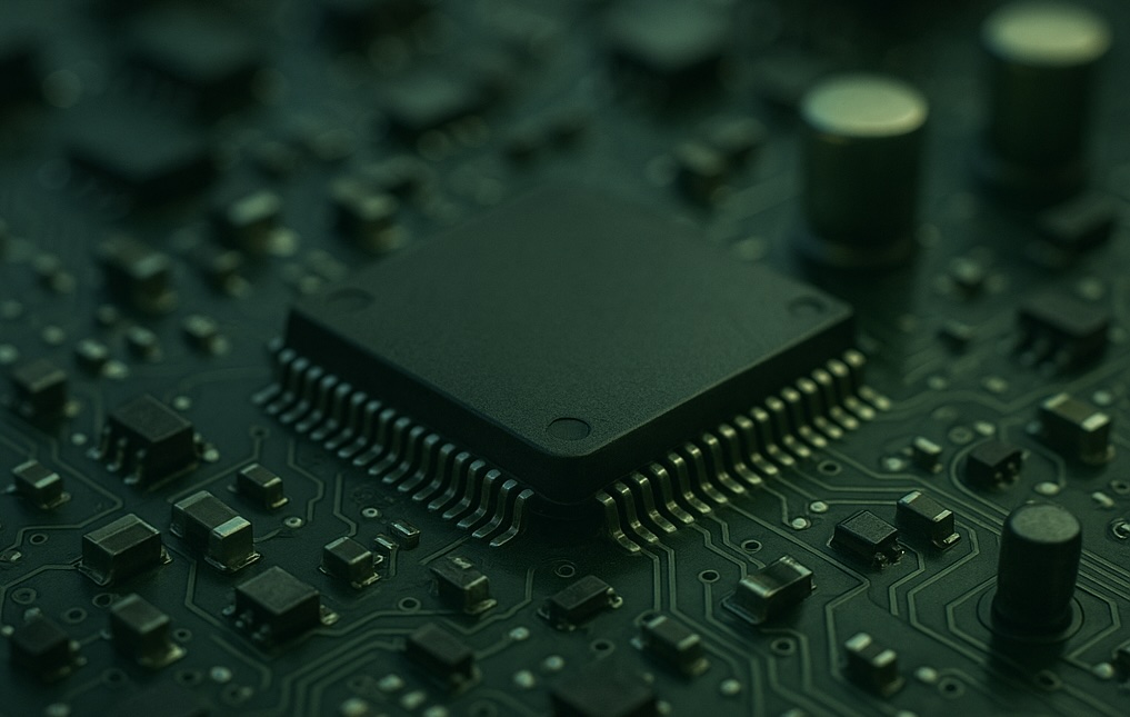 Macro photograph of avionics PCB with integrated circuit and components protected by Parylene conformal coating for aerospace and defence applications