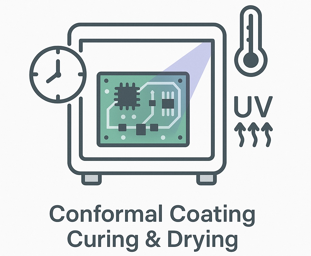Illustration of conformal coating curing and drying showing a PCB under UV light and inside an oven with icons for clock, thermometer, and UV rays