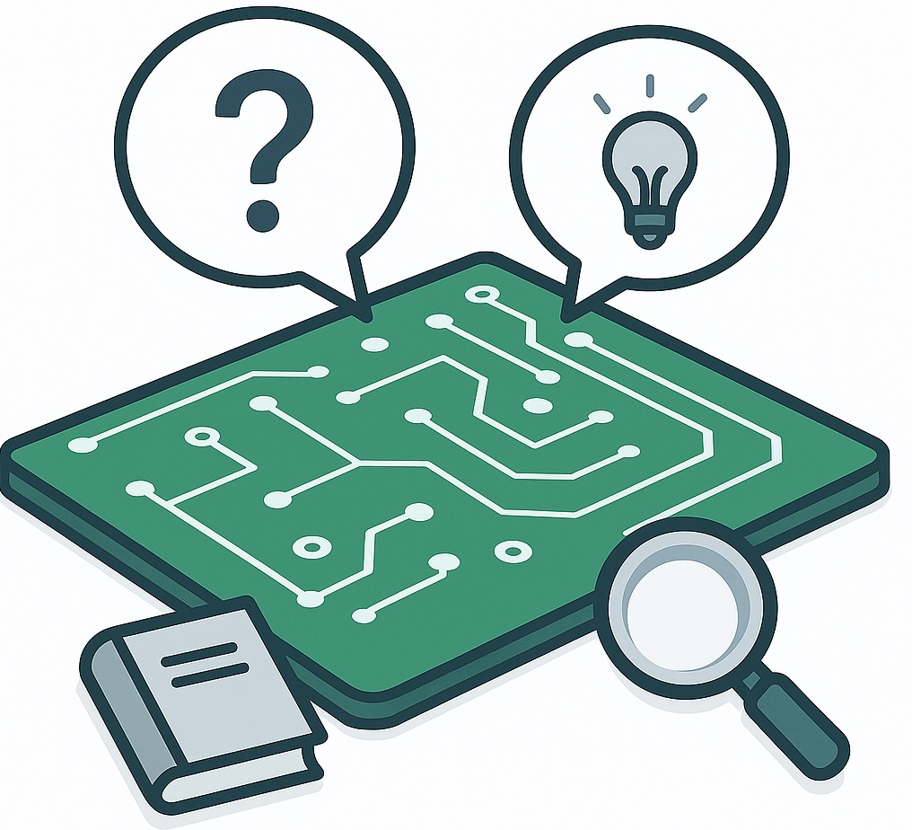 Illustration of a PCB with question and answer speech bubbles, symbolising FAQs on conformal coating, Parylene, and ProShieldESD