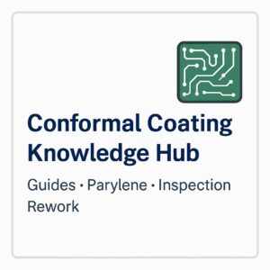 Conformal Coating Knowledge Hub social preview image with PCB illustration and icons for masking, inspection, defects, Parylene deposition, rework, and thickness measurement.