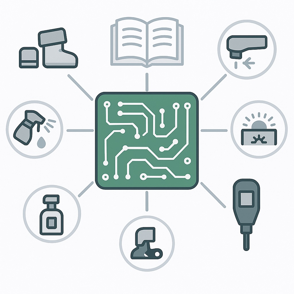 Illustration of a PCB surrounded by icons representing masking, curing, thickness measurement, surface preparation, and training, symbolising the Knowledge Hub for conformal coating and Parylene