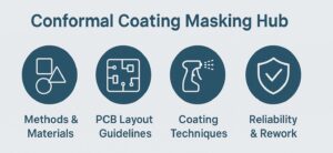 Infographic showing four topics of conformal coating masking: methods and materials, PCB layout guidelines, coating techniques, and reliability and rework, in clean blue-grey flat design.