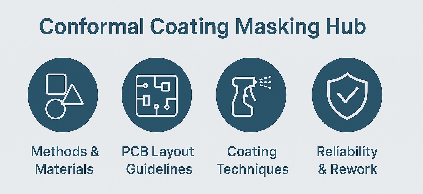 Infographic showing four topics of conformal coating masking: methods and materials, PCB layout guidelines, coating techniques, and reliability and rework, in clean blue-grey flat design.