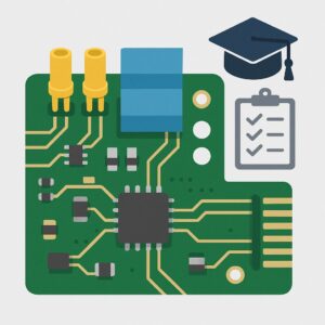 Illustration of PCB with masking boots, tape, and dots alongside training icons such as graduation cap and checklist, representing conformal coating masking and operator training
