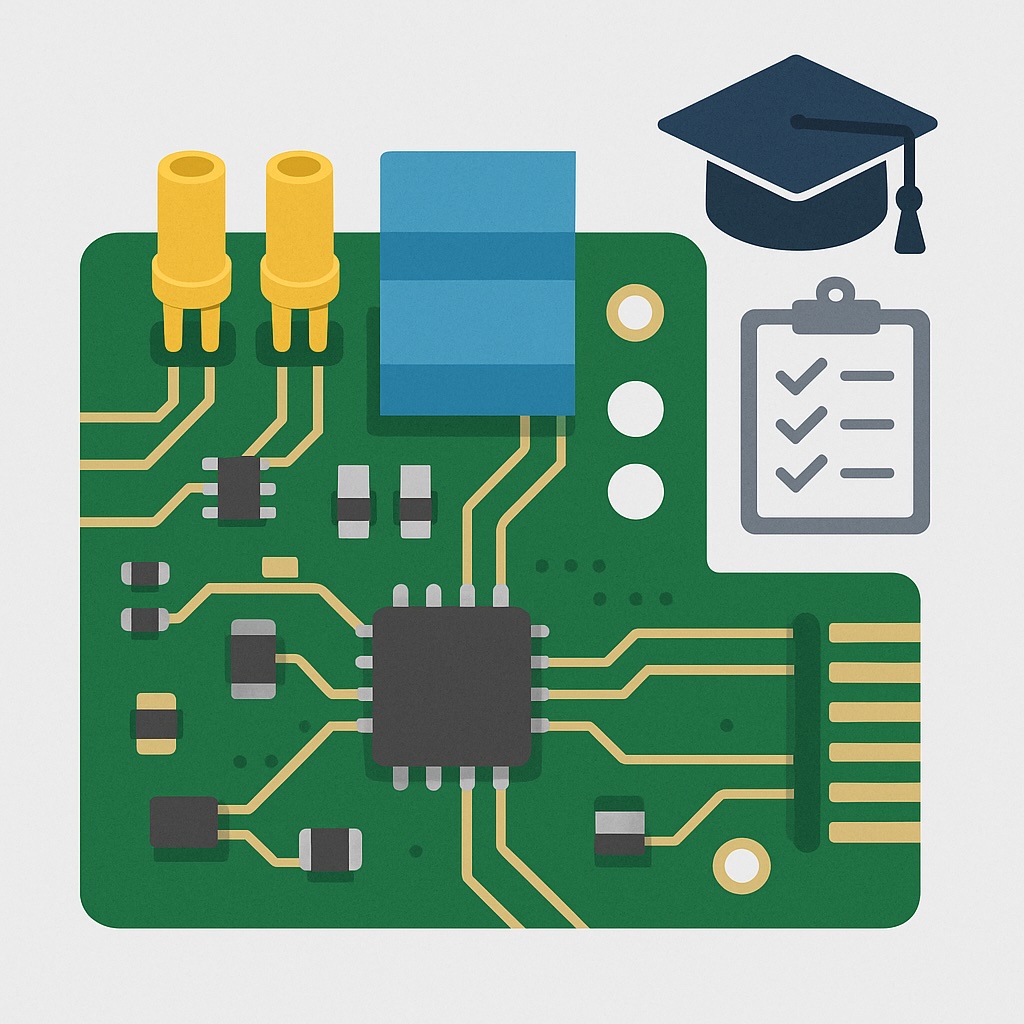 Illustration of PCB with masking boots, tape, and dots alongside training icons such as graduation cap and checklist, representing conformal coating masking and operator training