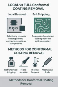 Infographic showing conformal coating removal methods with icons for local repair and full stripping, including chemical stripping, micro-abrasion, thermal and mechanical techniques.