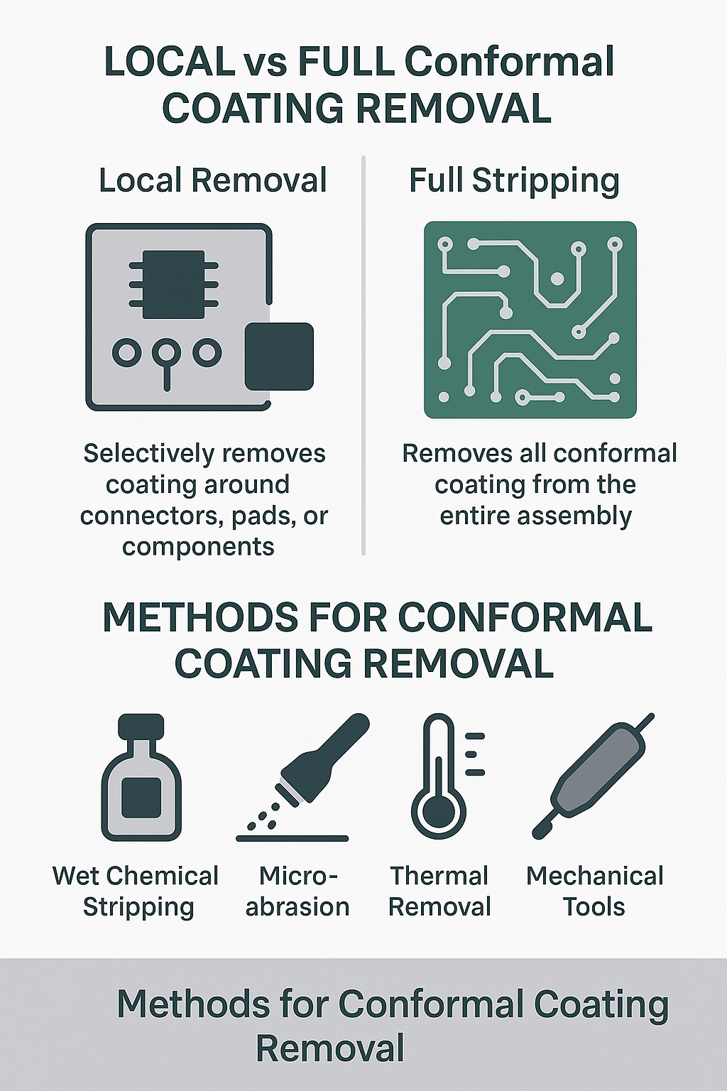Infographic showing conformal coating removal methods with icons for local repair and full stripping, including chemical stripping, micro-abrasion, thermal and mechanical techniques.
