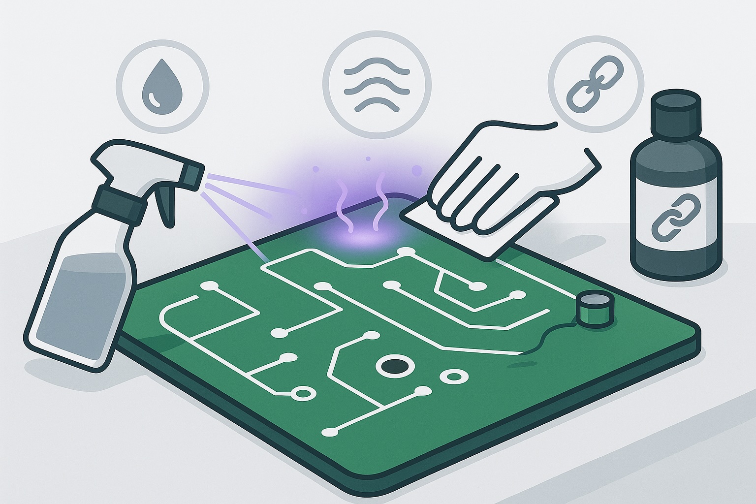 Illustration of PCB surface preparation showing cleaning spray, plasma treatment glow, and adhesion promoter bottle for reliable conformal coating