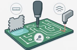 Illustration of conformal coating thickness measurement methods showing wet film comb gauge, dry film probe, and optical laser measurement on a PCB