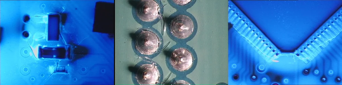 Collage of conformal coating cracking defects on PCB surfaces under UV and visible light inspection