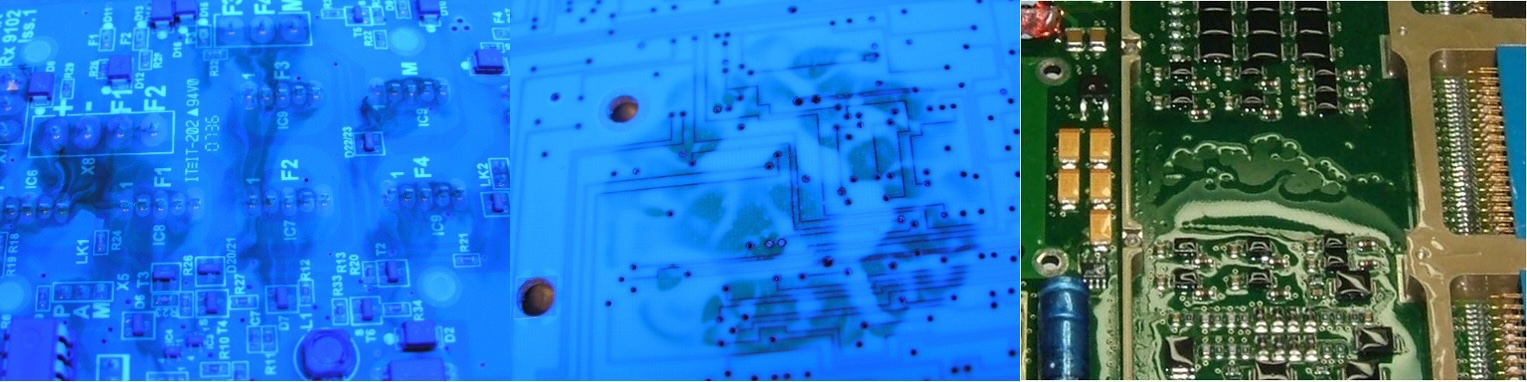De-wetting defect in conformal coating Collage showing de-wetting defects in conformal coating on PCB surfaces under UV and visible light inspection
