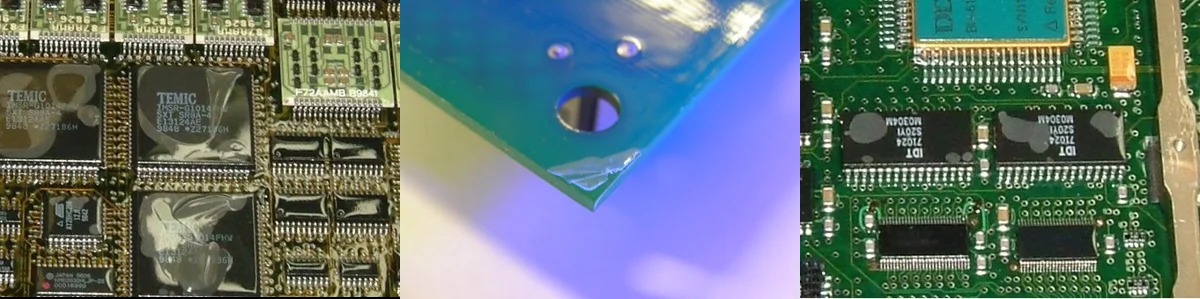 Collage of conformal coating defects on printed circuit boards showing delamination and uneven coverage