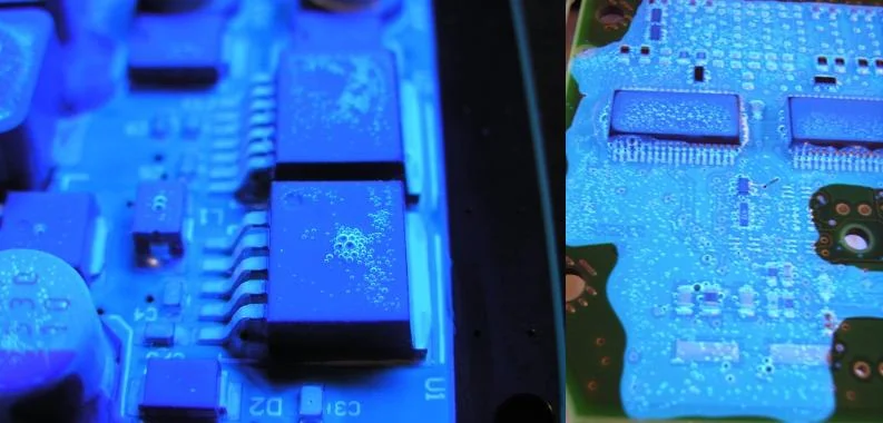 Conformal coating defects – bubbles, pinholes & foam compared side by side Side-by-side comparison of bubbles, pinholes & foam defects in conformal coating on PCB under UV inspection