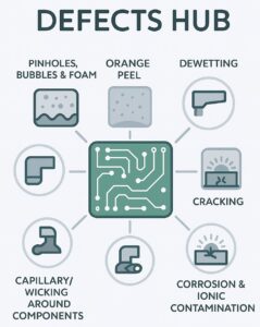 Infographic showing common conformal coating defects including pinholes, bubbles, orange peel, dewetting, delamination, cracking, corrosion, and capillary wicking around PCB components.