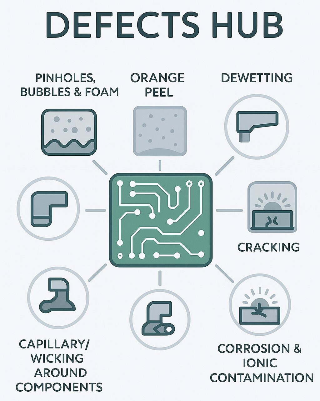 Infographic showing common conformal coating defects including pinholes, bubbles, orange peel, dewetting, delamination, cracking, corrosion, and capillary wicking around PCB components.