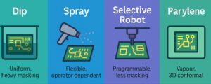 Horizontal infographic comparing dip, spray, selective robotic, and Parylene conformal coating processes for PCB protection.