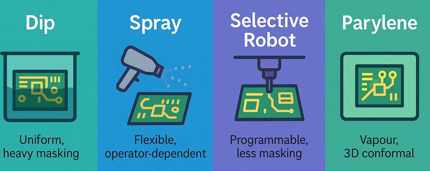 Horizontal infographic comparing dip, spray, selective robotic, and Parylene conformal coating processes for PCB protection.