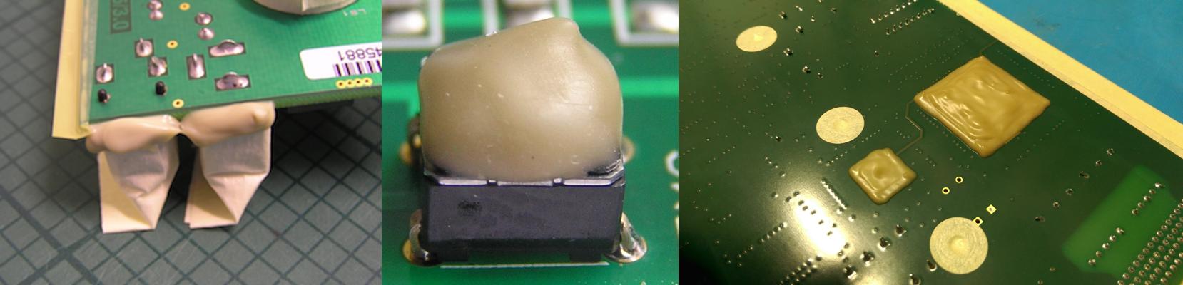 Horizontal collage showing different PCB masking strategies in conformal coating, including tape with latex seals and reusable silicone boots.