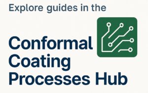 Infographic showing key conformal coating processes including viscosity control, production setup, masking, curing, thickness measurement, and surface preparation for PCB protection.