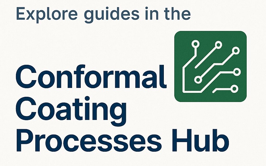 Infographic showing key conformal coating processes including viscosity control, production setup, masking, curing, thickness measurement, and surface preparation for PCB protection.