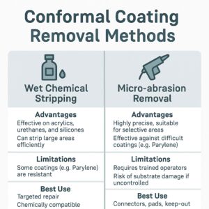 Infographic comparing conformal coating removal methods, showing advantages, limitations, and best uses of wet chemical stripping and micro-abrasion removal