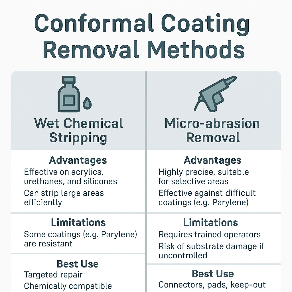 Infographic comparing conformal coating removal methods, showing advantages, limitations, and best uses of wet chemical stripping and micro-abrasion removal