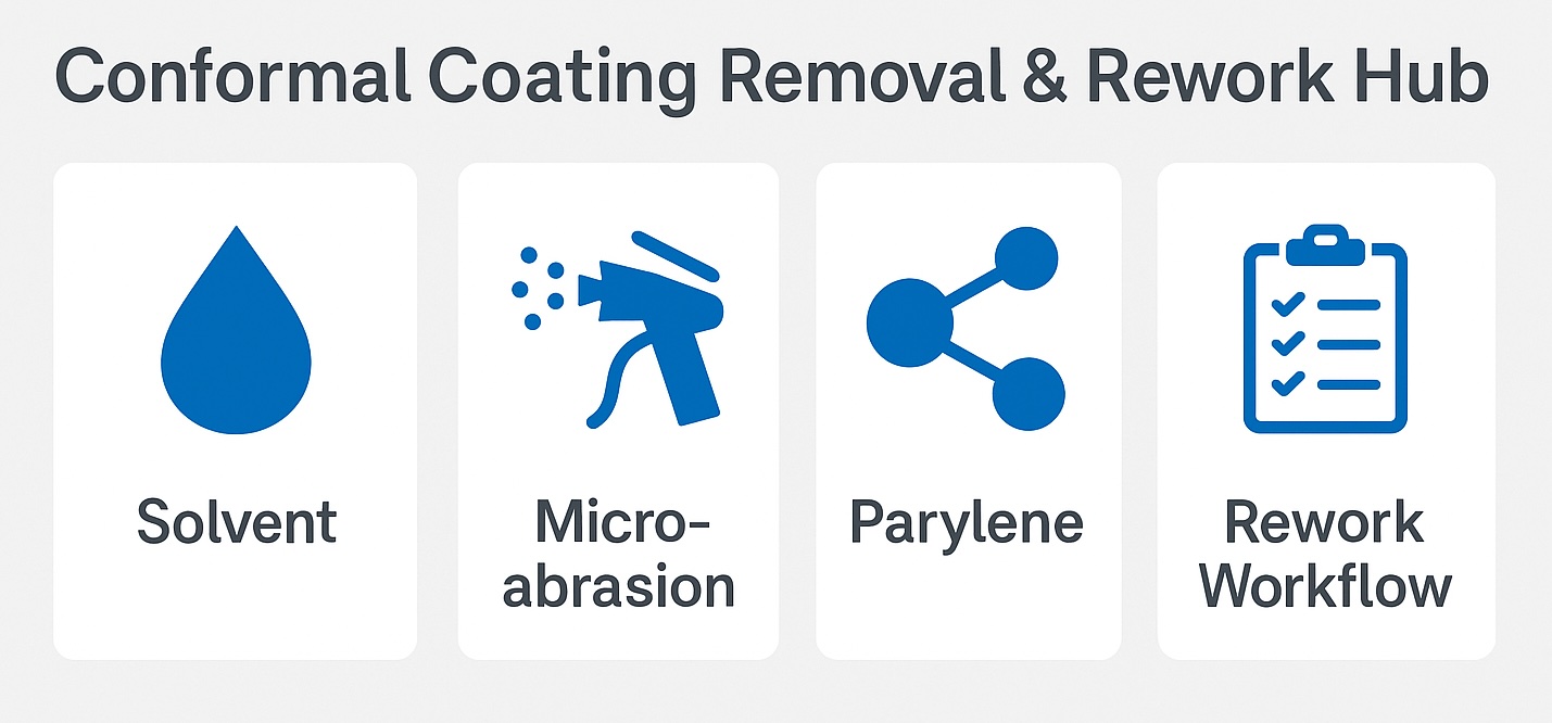 Infographic illustrating conformal coating removal and rework processes, with icons for wet chemical stripping, micro-abrasion, Parylene removal, and PCB rework workflow.