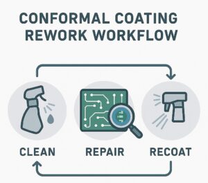 Infographic illustrating the conformal coating rework workflow: clean, repair, and recoat steps with inspection and ESD control.